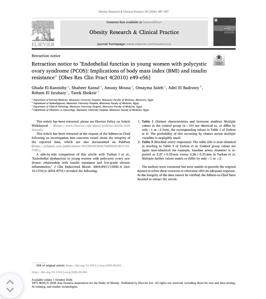 إشعار السحب الرسمي المنشور في دورية Obesity Research & Clinical Practice.