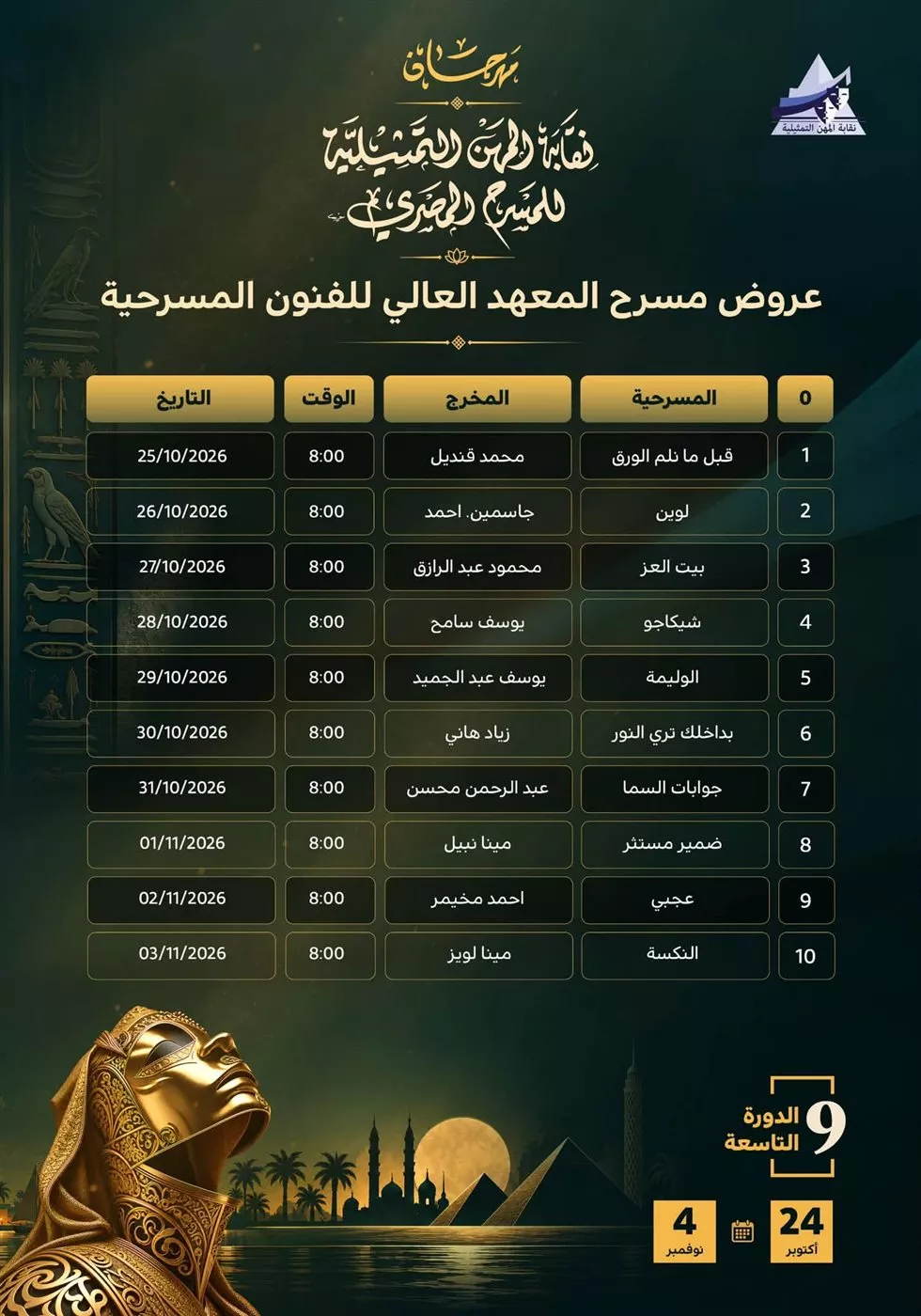 قبل انطلاقه، الجدول الكامل لعروض مهرجان نقابة المهن التمثيلية للمسرح بدورته الـ 9