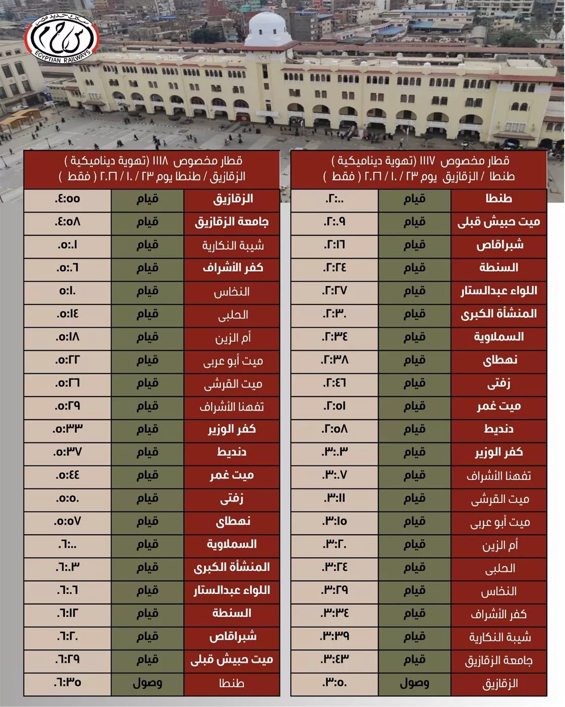 الهيئة القومية للسكك الحديدية: تشغيل عدد من الرحلات المخصوصة من وإلى مدينة طنطا