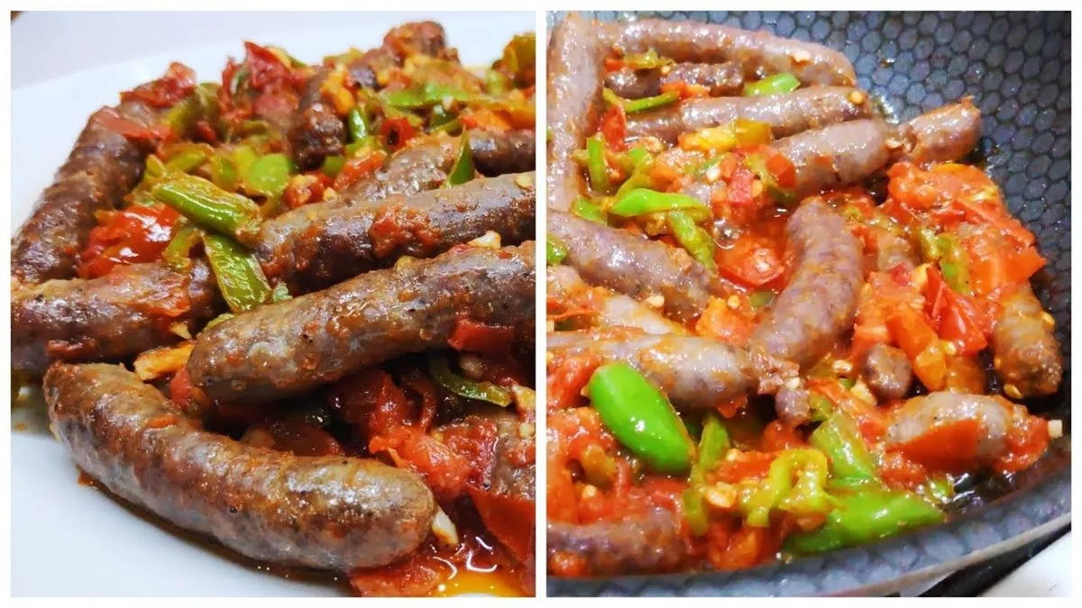 طريقة السجق بالبصل والفلفل