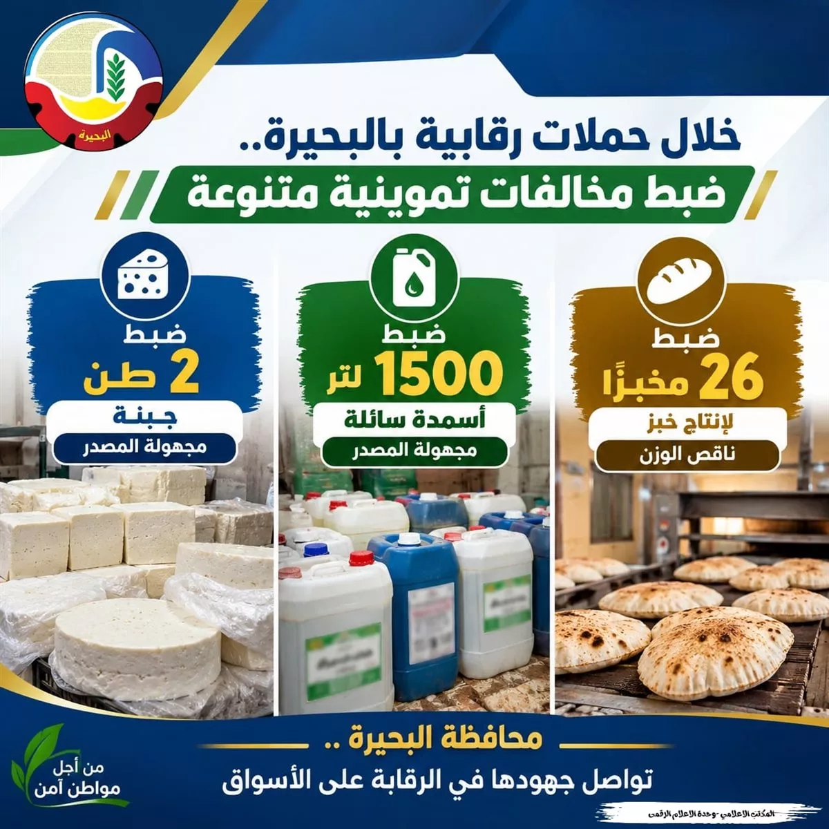 ضبط 2 طن جبنة مجهولة المصدر و1500 لتر أسمدة سائلة منتهية الصلاحية بالبحيرة