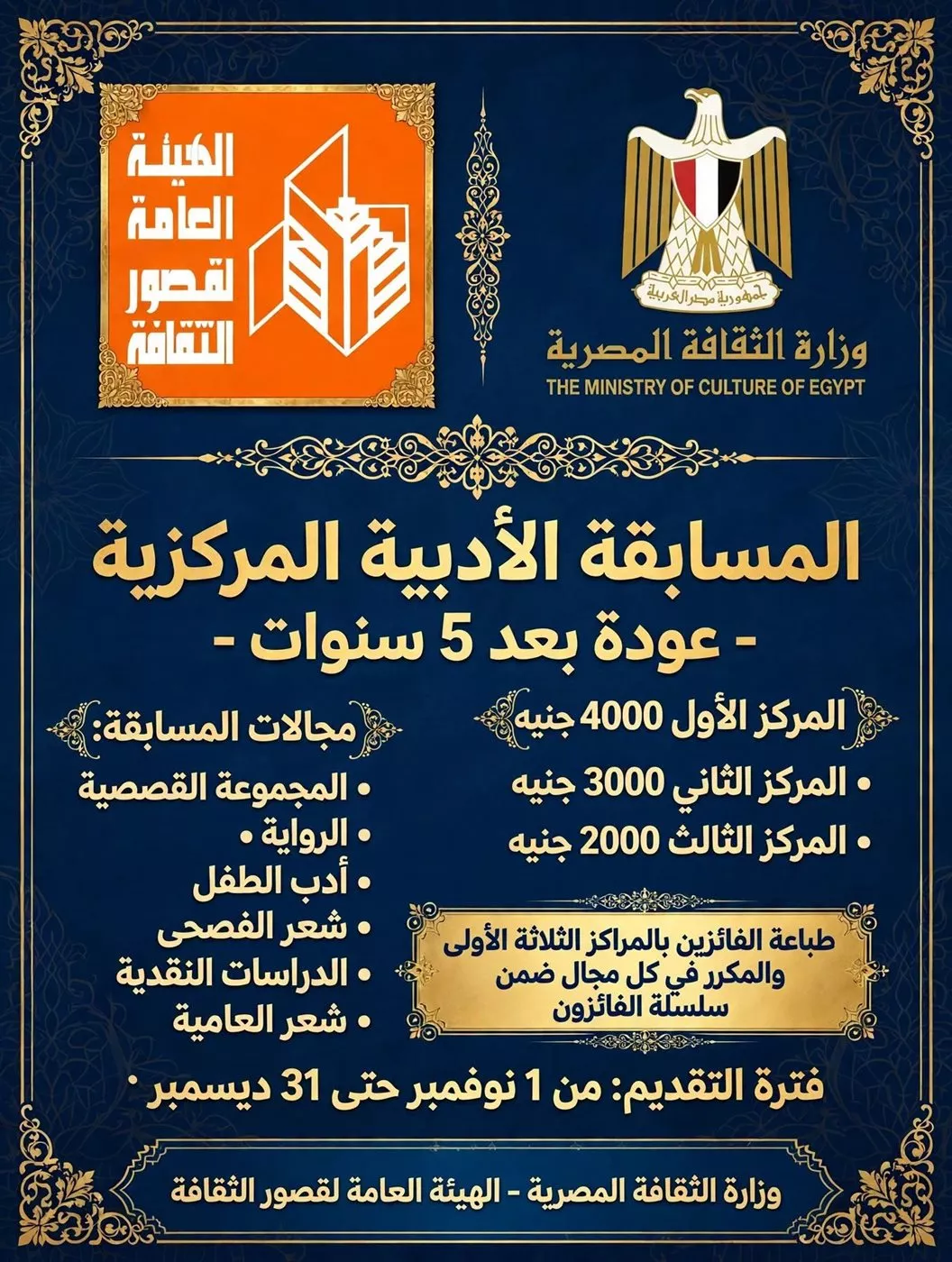 عودة إطلاق المسابقة الأدبية المركزية بالهيئة العامة لقصور الثقافة