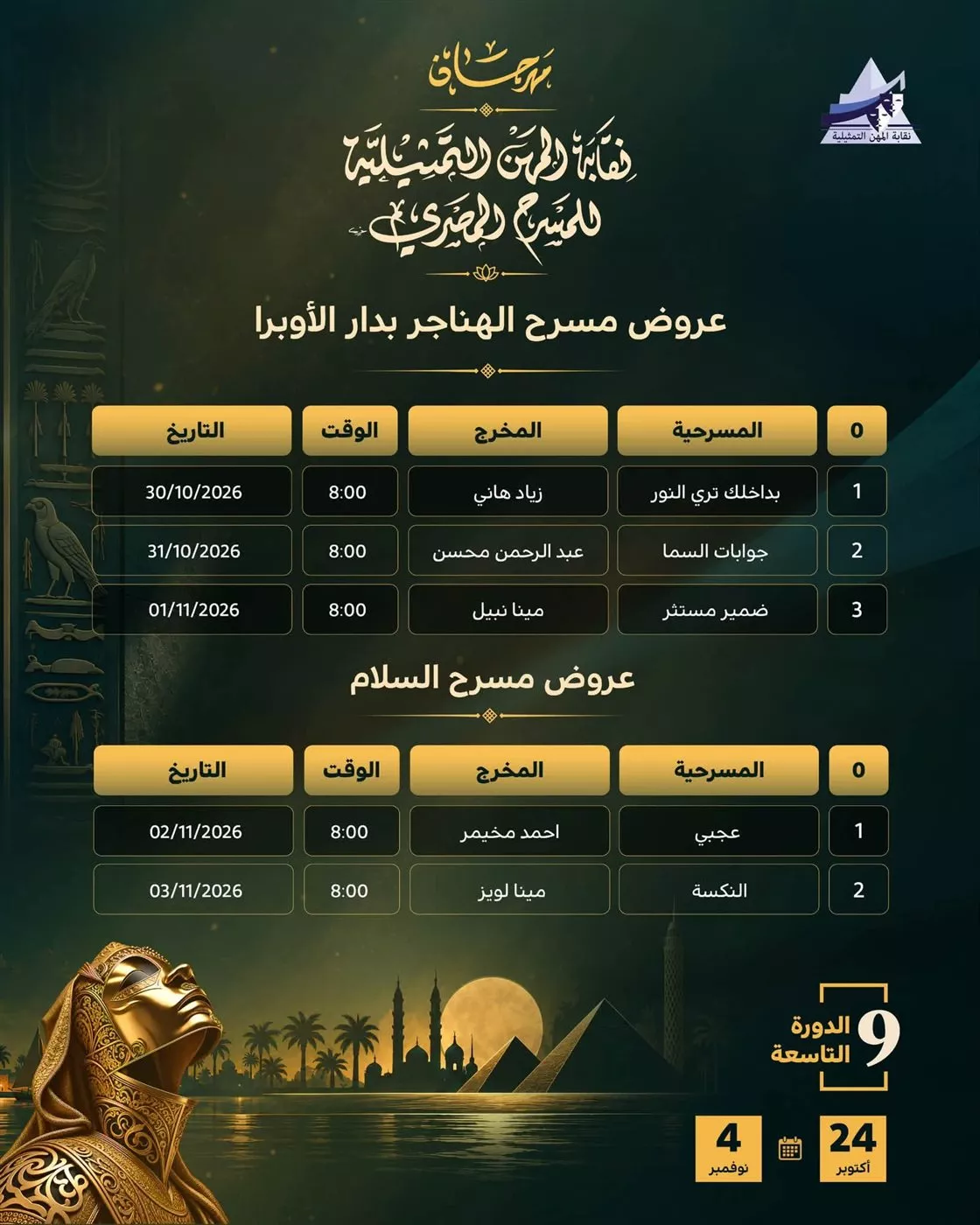 بعد تغيير بعض أماكن العرض، عروض مهرجان نقابة المهن التمثيلية للمسرح المصري اليوم