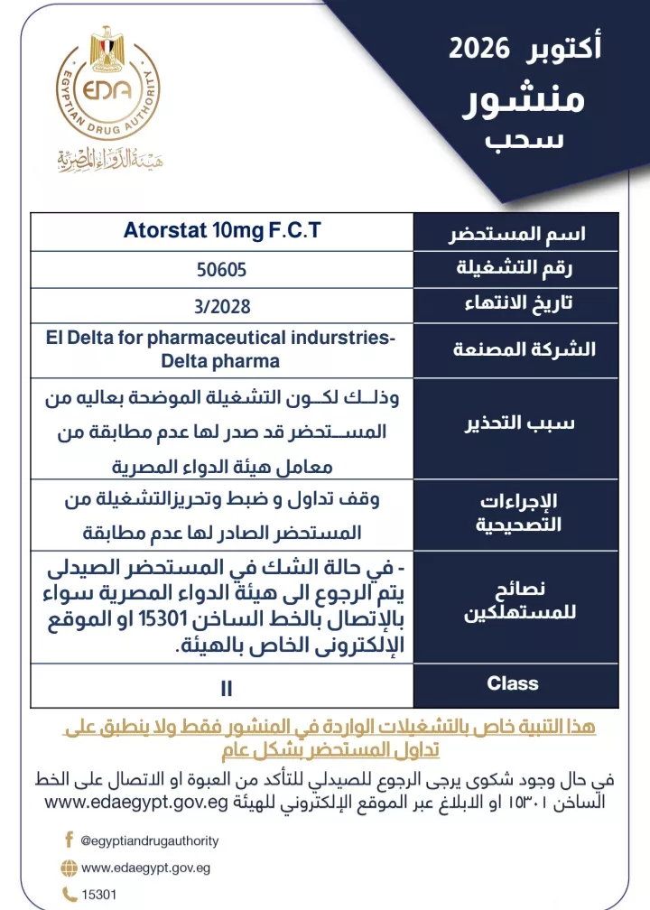 لعدم مطابقتها للمواصفات، هيئة الدواء تسحب تشغيلة من علاج شهير لمرضي الكوليسترول